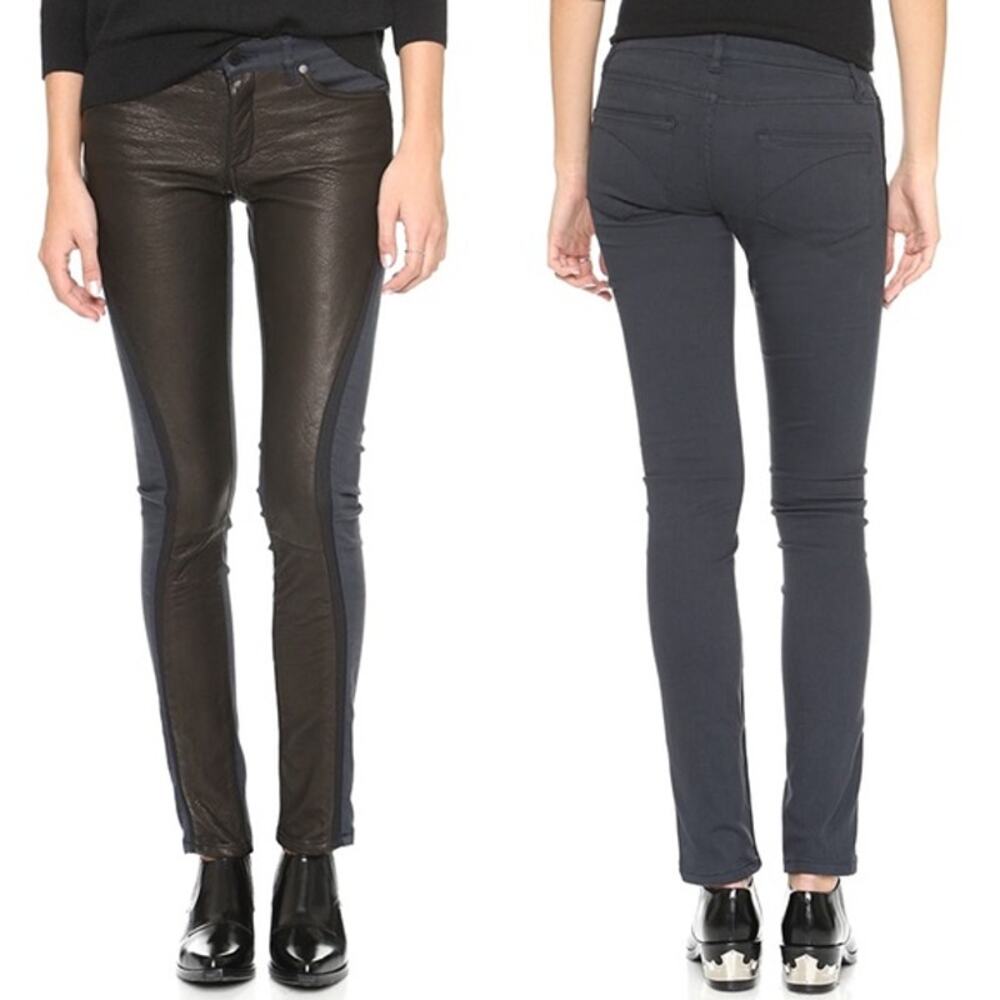 Superfine Leather Front Skinny Pants Womens 26 Navy Blue Mixed Media Trousers